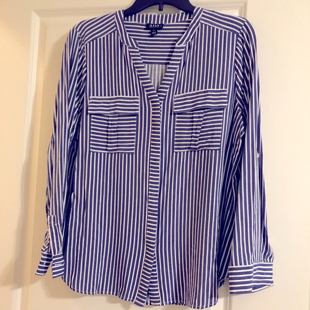 a.n.a Navy/white striped button down blouse